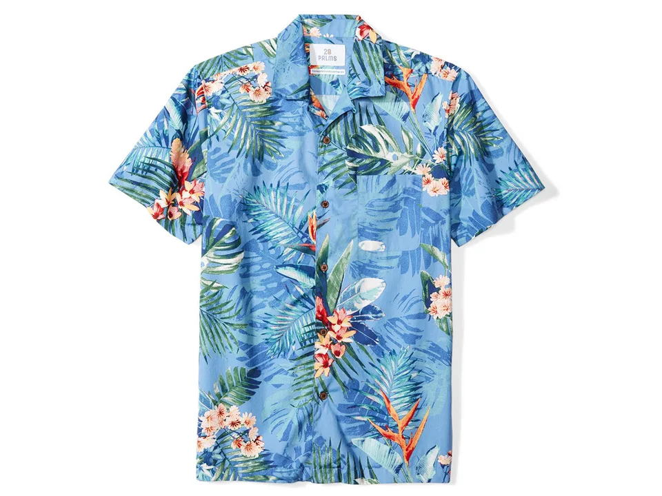 A blue short-sleeve button-down shirt with a tropical floral and leaf print.