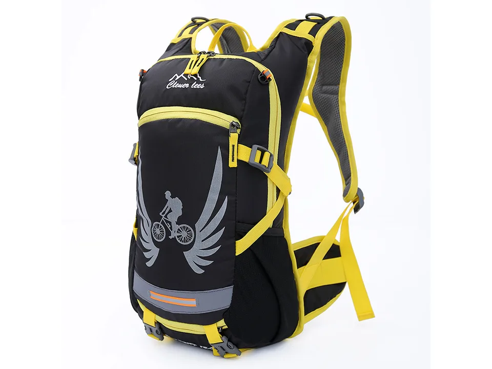 Yellow and black cycling backpack with a cyclist graphic.