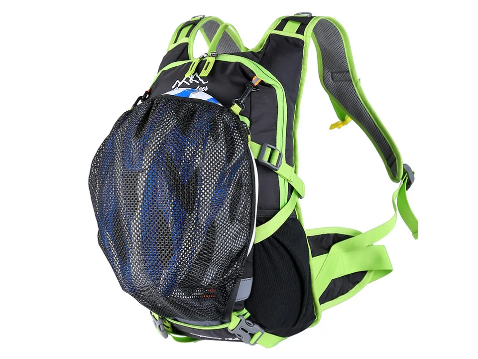 Cycling backpack with a black mesh net holding a helmet.