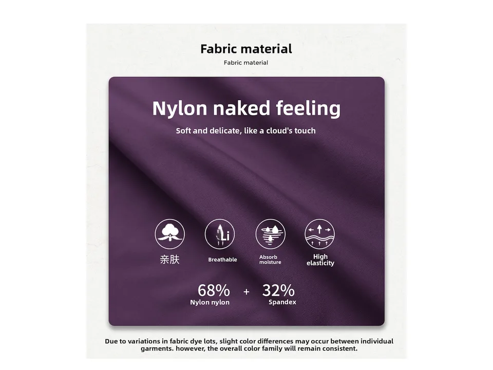 Close-up of the fabric texture with icons indicating breathability, moisture absorption, and elasticity.