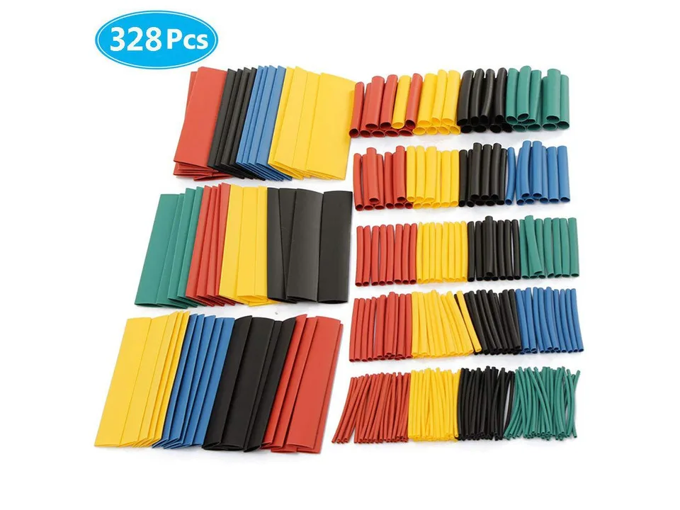 The complete 328-piece set of heat shrink tubing organized by size and color.