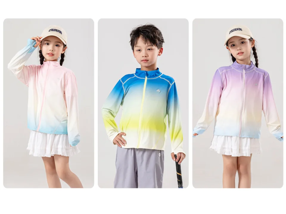 Three children wearing different colored lightweight sun protection jackets.