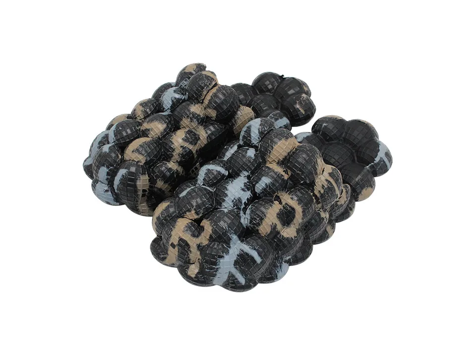 Black bubble slides with brown and blue camouflage pattern.