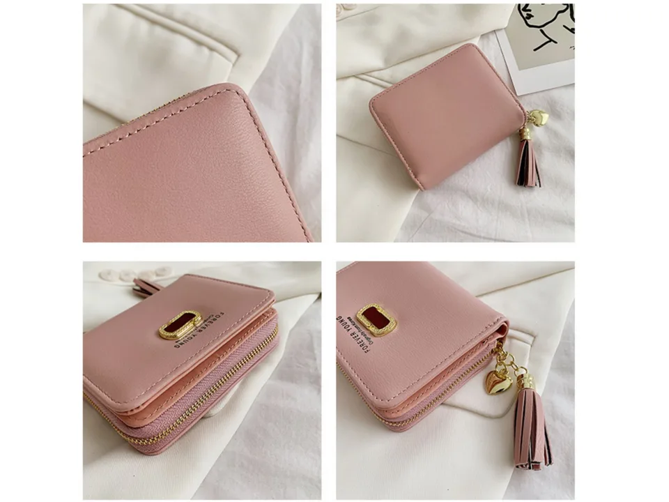 Close-up views of the pink wallet showing texture, zipper, and tassel detail.