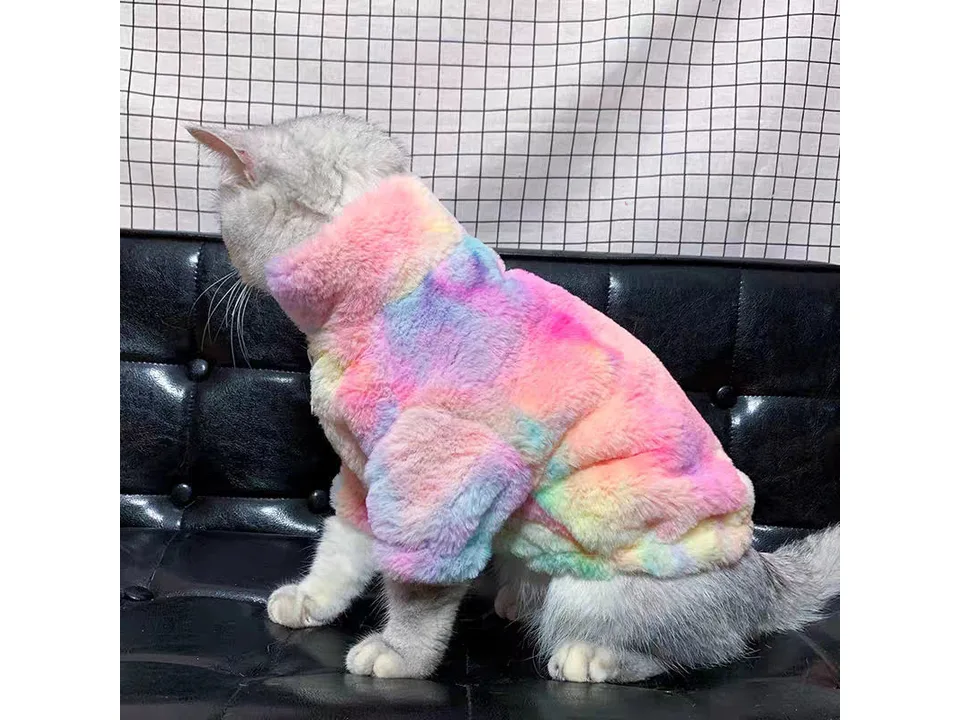 Side view of a cat wearing a fuzzy, rainbow-colored jacket.
