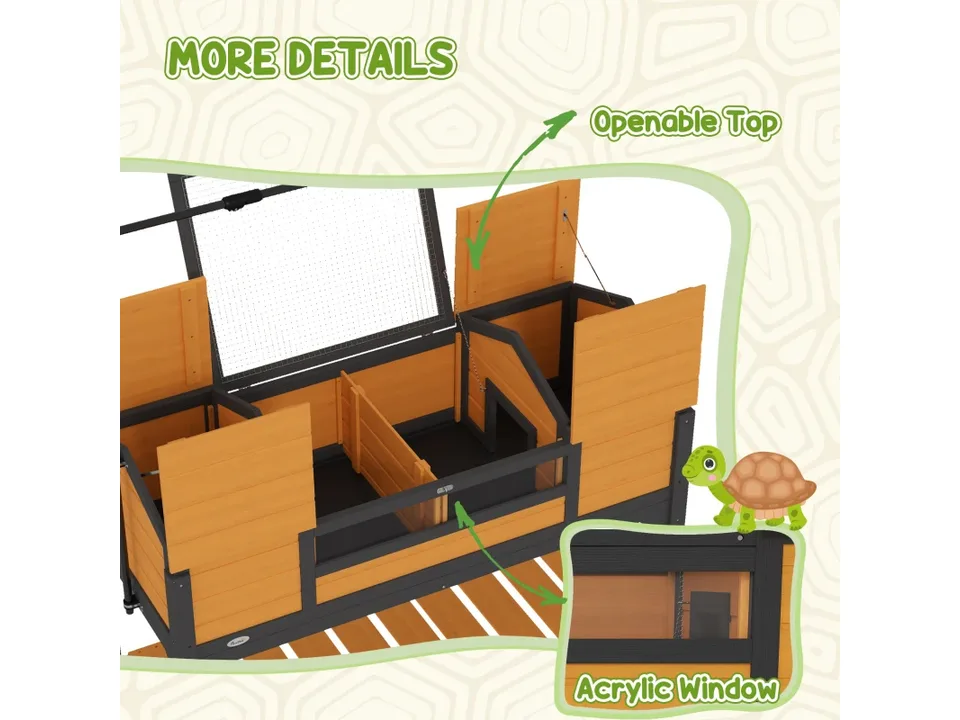 Close-up of the tortoise enclosure showing the openable top and acrylic viewing window.