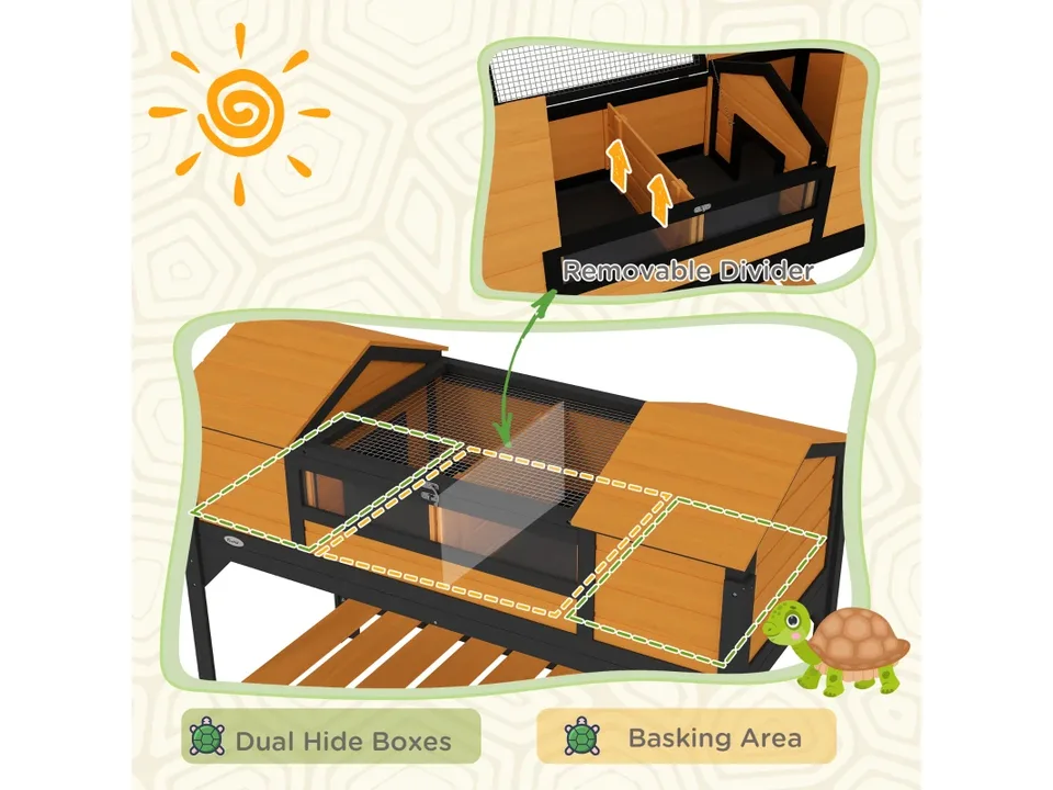 Diagram of the tortoise enclosure highlighting the removable divider and dual hide boxes.