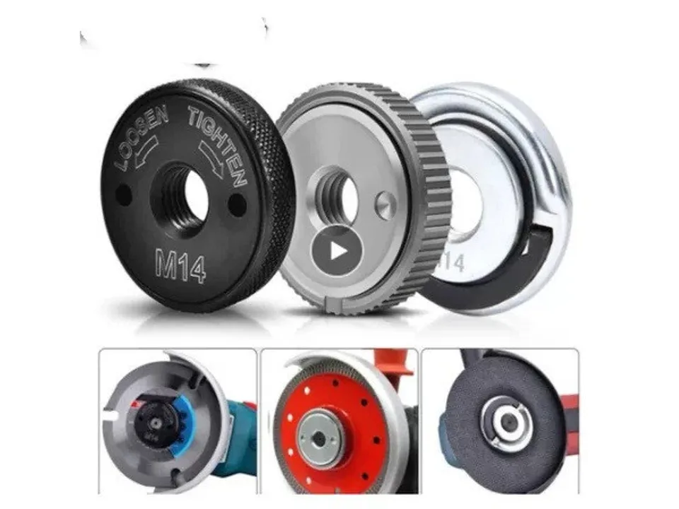 Quick release angle grinder nut showing different angles and its application on a grinder.