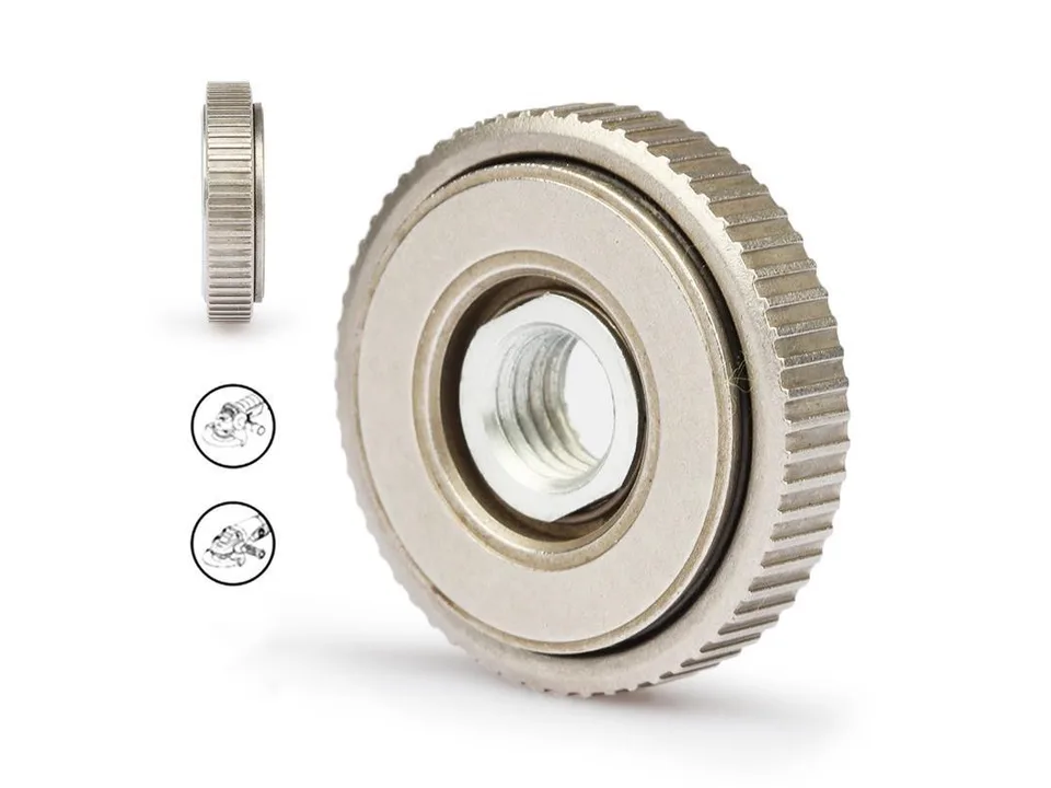 Angle grinder locking nut viewed from an angle with small icons showing installation.