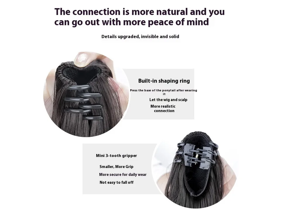 Close-up view of the claw clip mechanism on the ponytail wig.