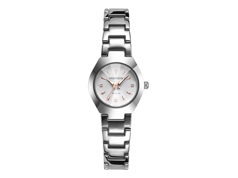 Silver analog quartz wristwatch with a metal band.