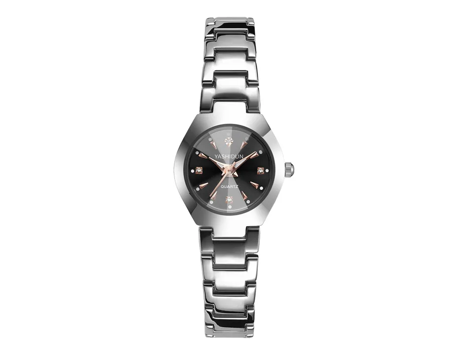 Silver analog quartz wristwatch with a black dial and metal band.