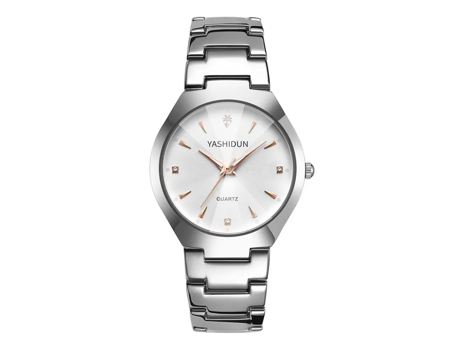 Silver analog quartz wristwatch with a metal band.