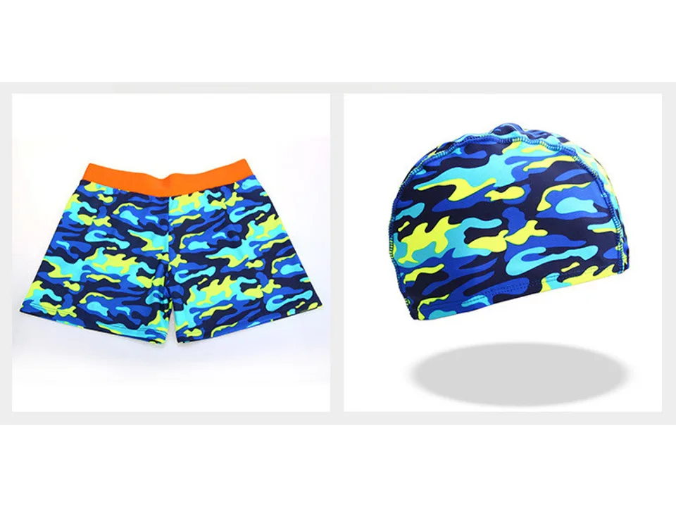 A set containing blue camouflage swimming trunks and a matching swim cap.