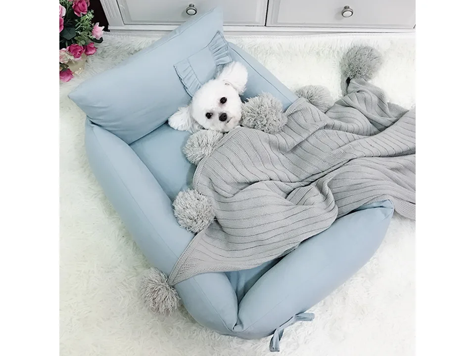Small white dog sleeping in a blue pet bed under a grey blanket.