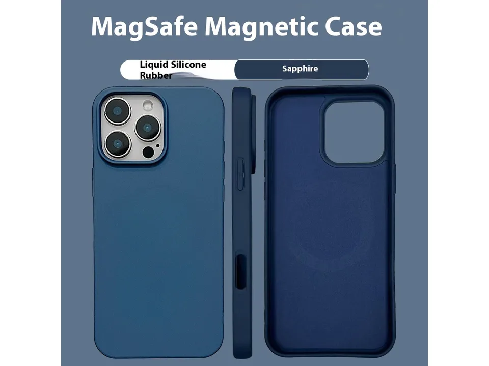 Sapphire blue MagSafe magnetic phone case showing front, side, and interior views.