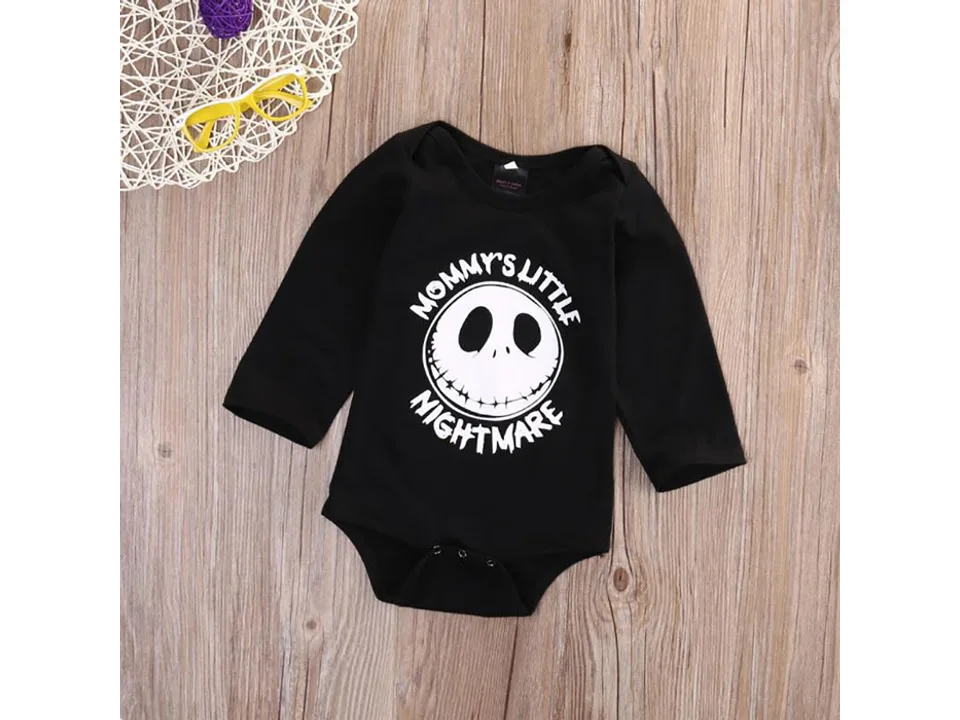 Black long-sleeve baby bodysuit with 'Mommy's Little Nightmare' print.