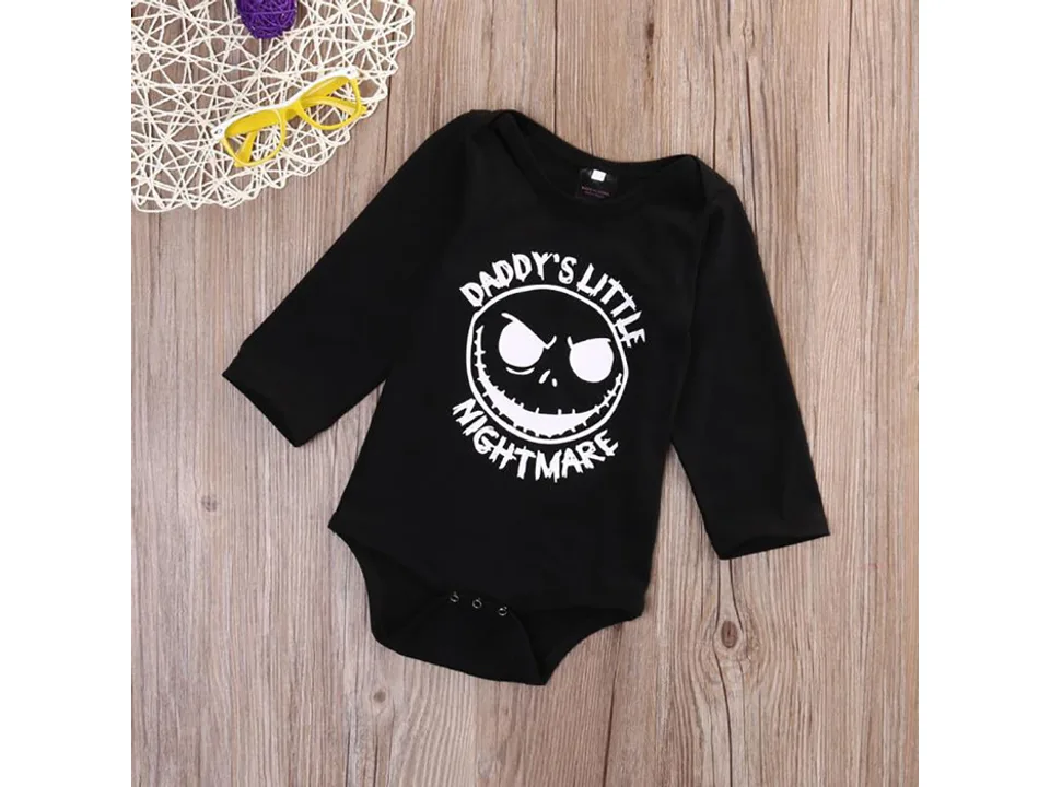 Black long-sleeve baby bodysuit with 'Daddy's Little Nightmare' print.