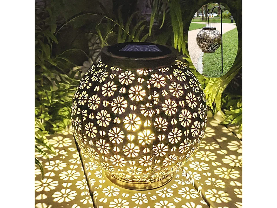 Solar lantern glowing on a patio with a small inset image showing it hanging on a garden hook.