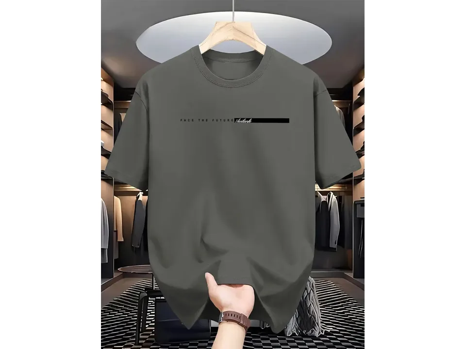 Grey short sleeve t-shirt with 'Face the Future' graphic print.