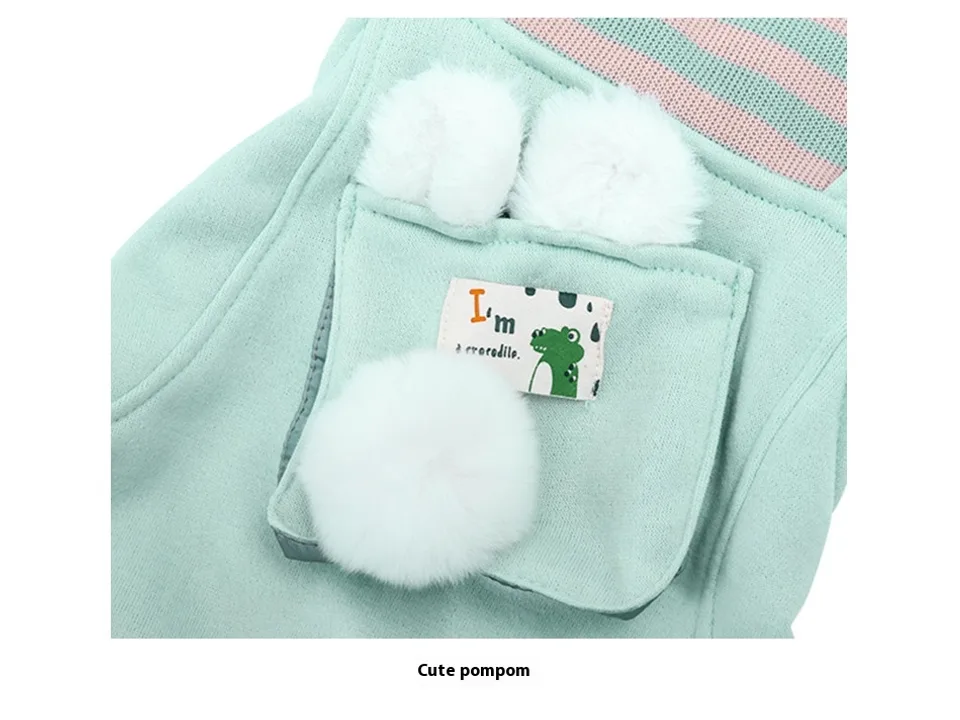 Close-up of the pet overalls showing the pocket, pompom, and small patch.
