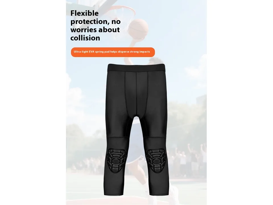 Black compression leggings with integrated knee pads for sports protection.