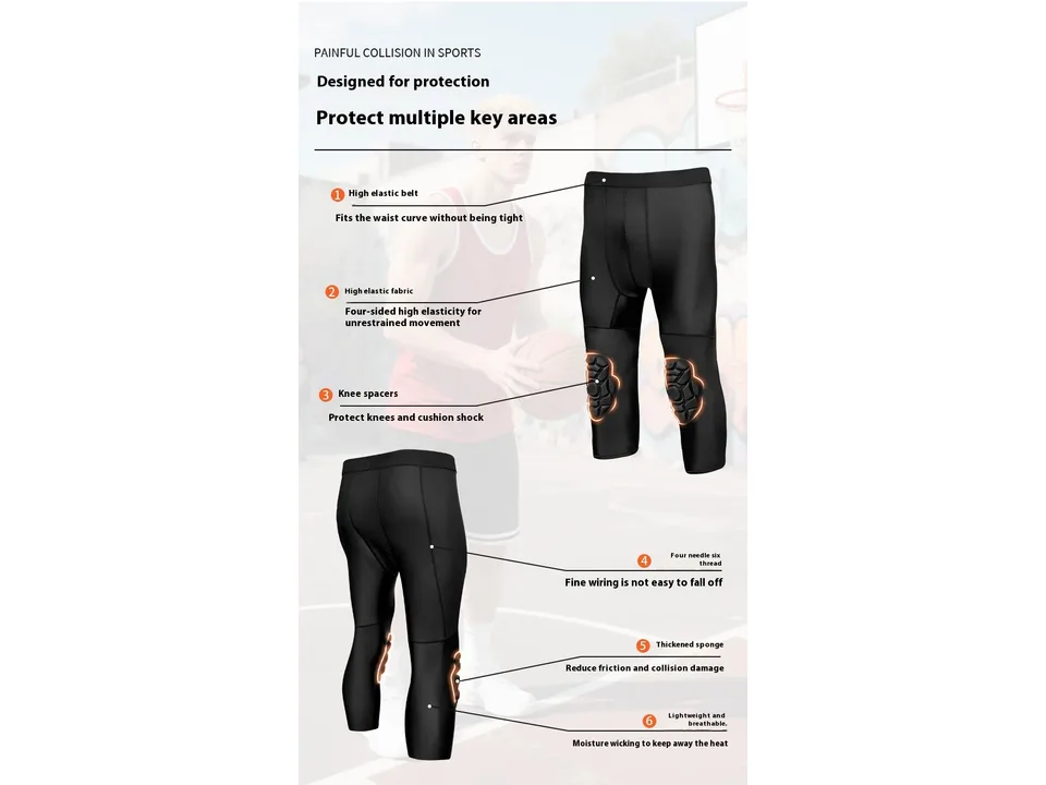 Diagram of the compression leggings highlighting features like elastic waistband, knee spacers, and fabric quality.