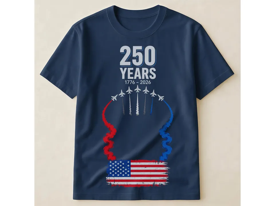 Navy blue t-shirt featuring a 250 years commemorative graphic with jets and an American flag.