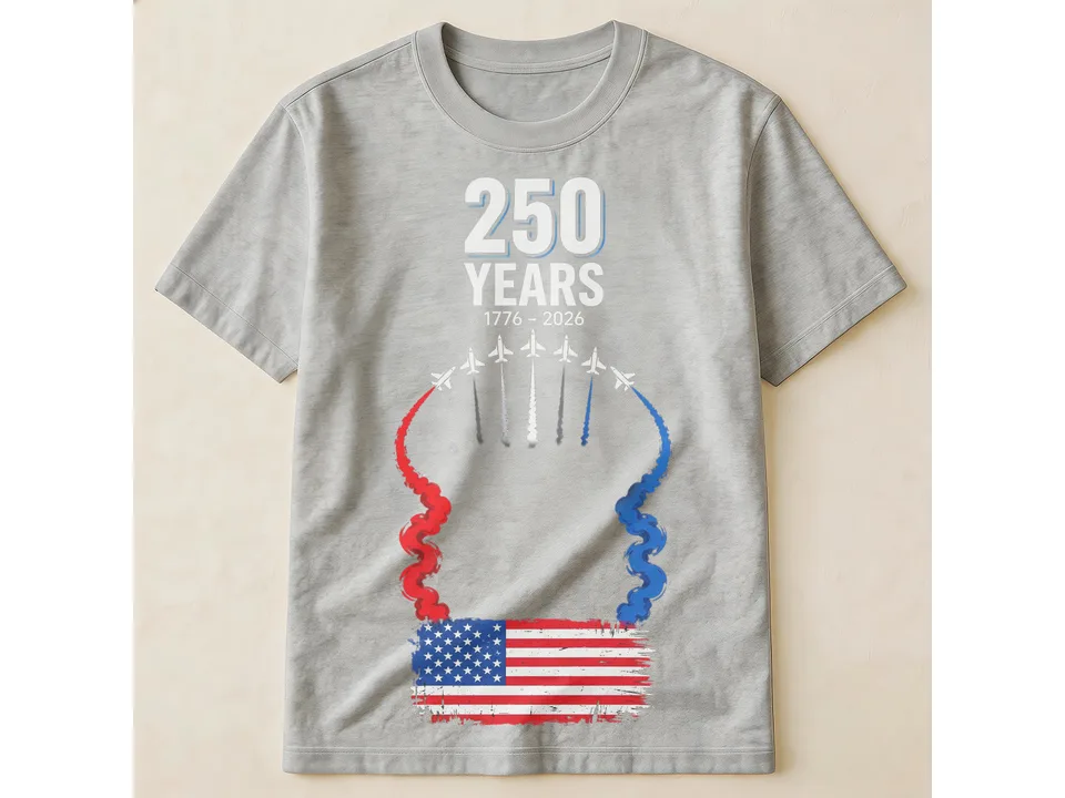 Grey t-shirt featuring a 250 years commemorative graphic with jets and an American flag.