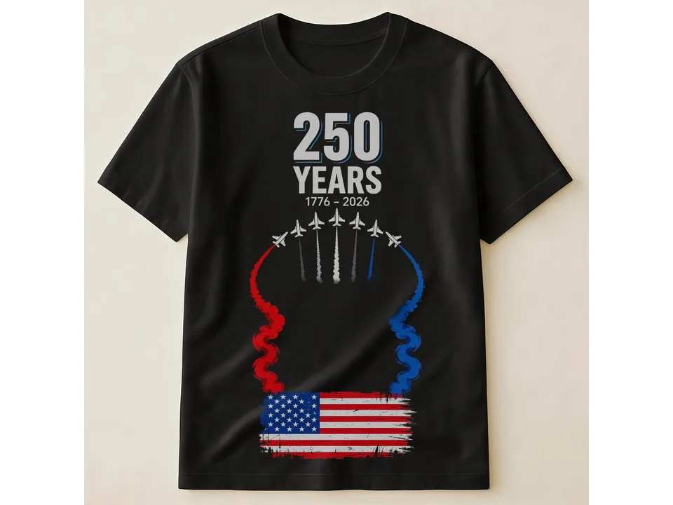 Black t-shirt featuring a 250 years commemorative graphic with jets and an American flag.