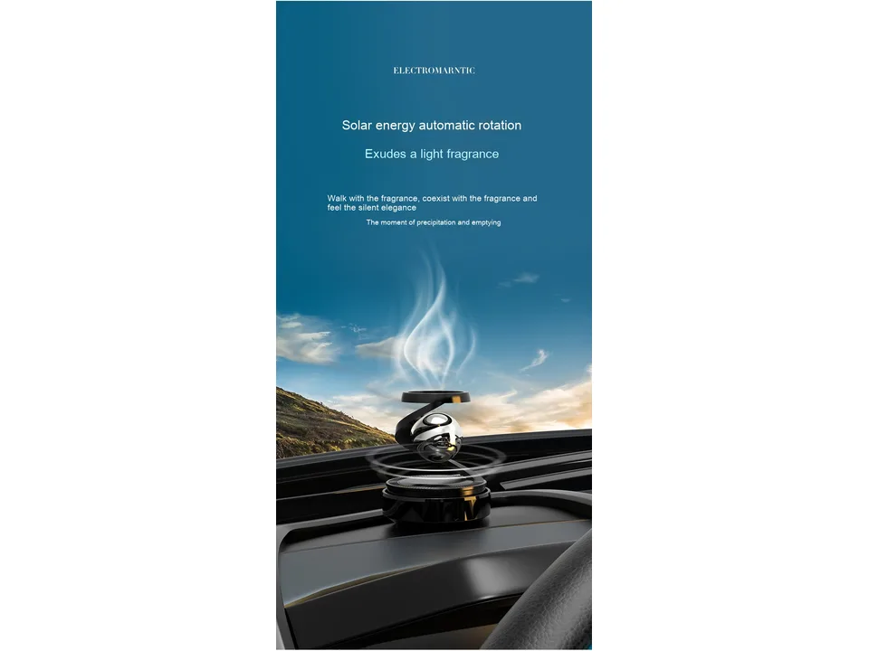 Solar powered car aromatherapy diffuser installed on a car dashboard with a scenic background.