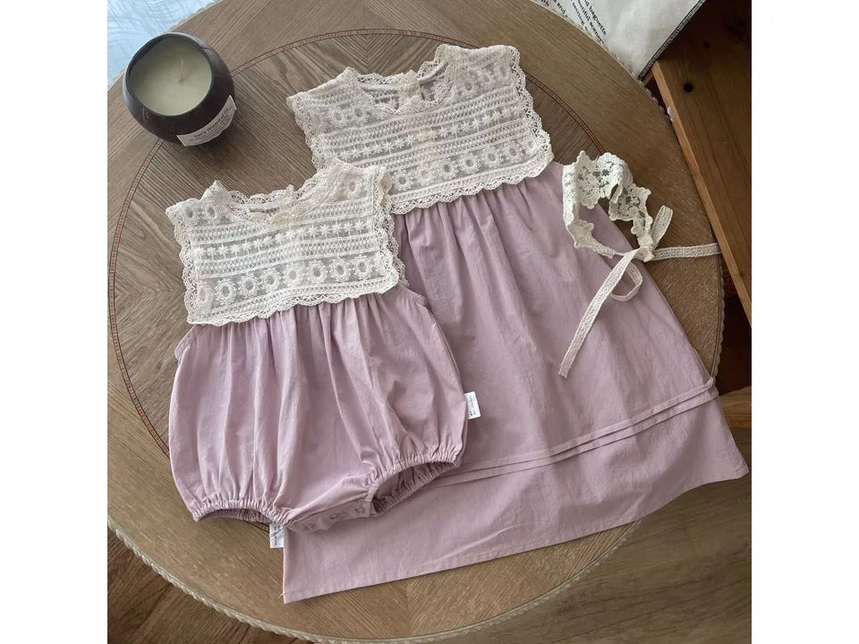 Pink baby dress and romper set with matching lace headband