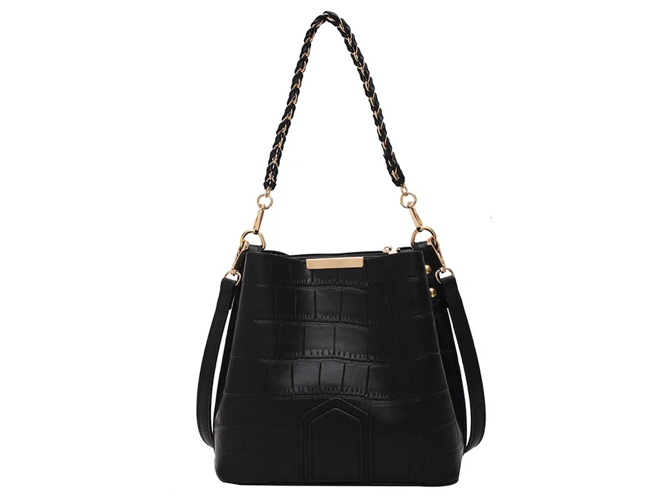 Black bucket shoulder bag with textured pattern and gold hardware.