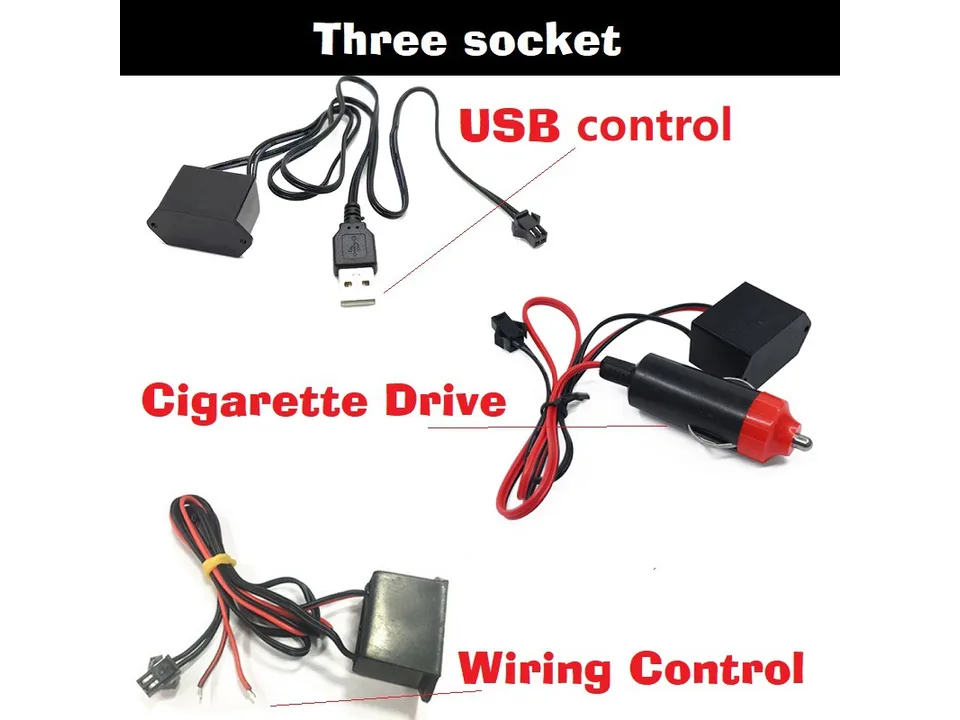 Three different power connector options for the LED strip: USB, cigarette lighter, and hardwire.