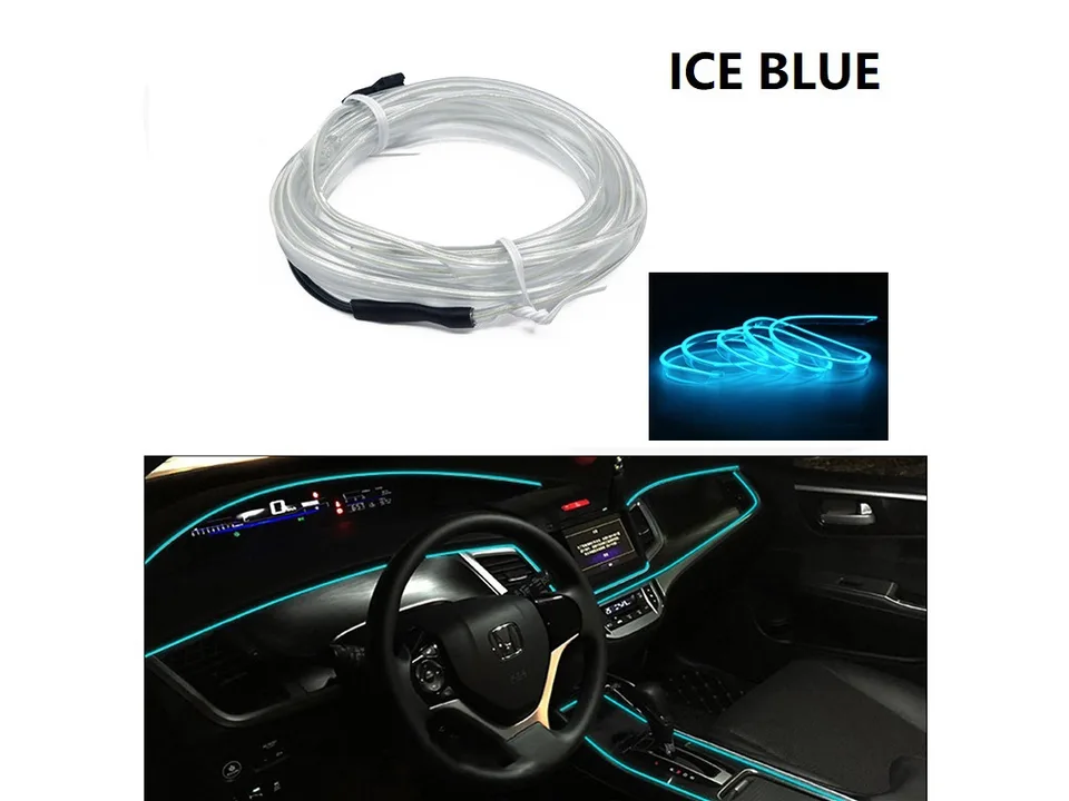 Ice blue ambient LED light strip installed in a car dashboard.