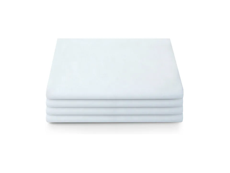 A stack of folded white bed sheets.
