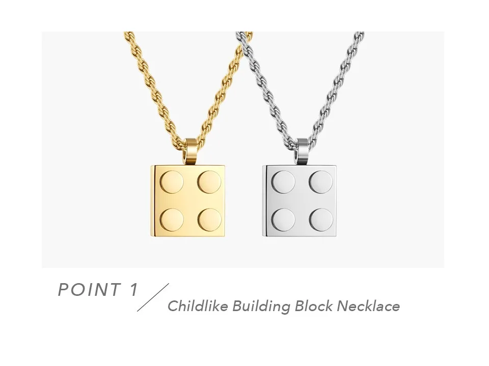 Gold and silver building block pendant necklaces side by side.