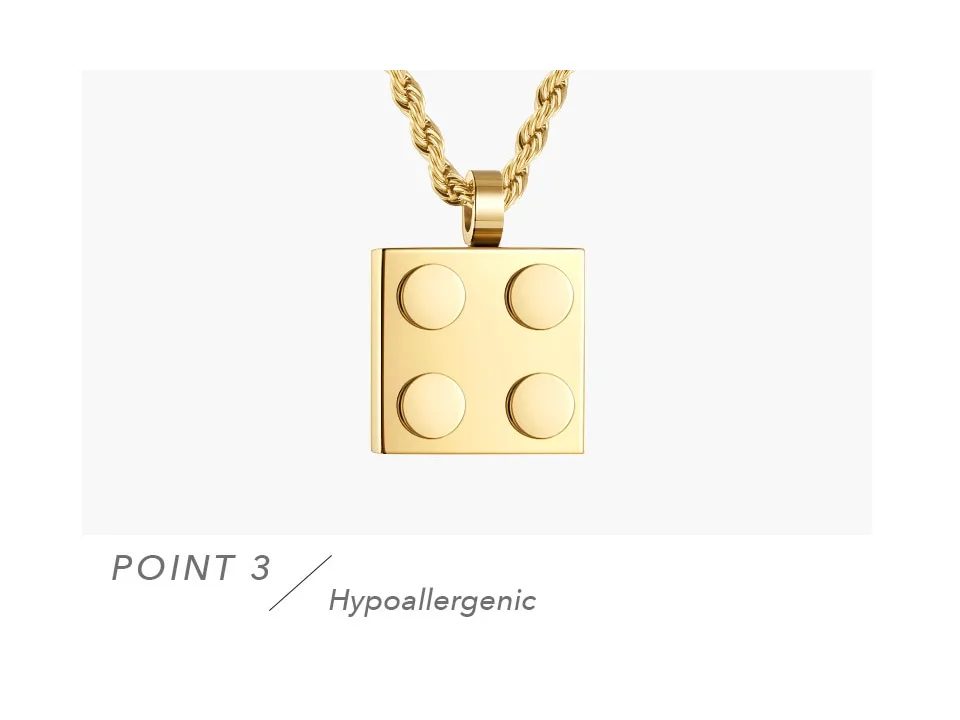 Close-up of the gold building block pendant.
