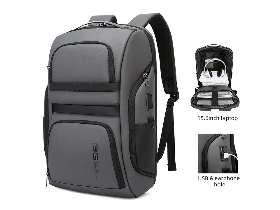 Grey backpack showing laptop compartment and USB port