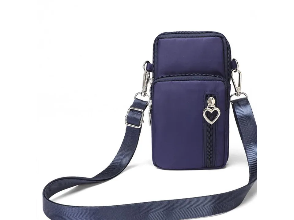 A blue crossbody phone bag with a heart-shaped zipper pull.
