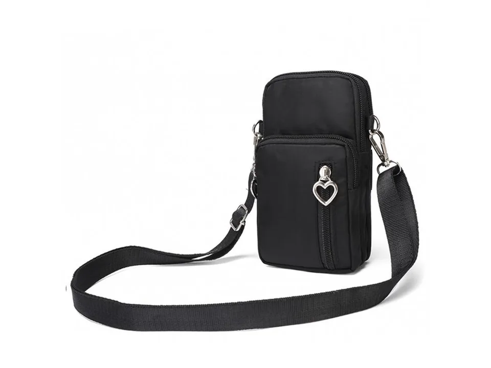 A black crossbody phone bag with a heart-shaped zipper pull and adjustable strap.