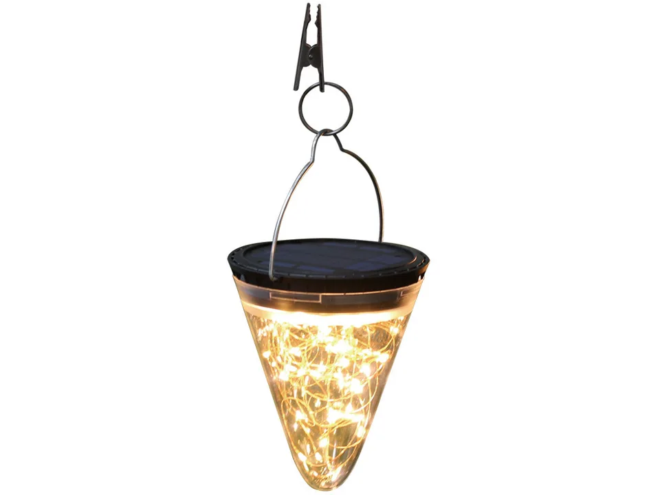 Solar LED cone light with a hanging clip and ring.