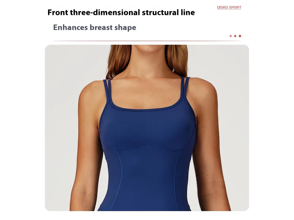 Close-up of the front of the blue yoga jumpsuit showing the structural lines.