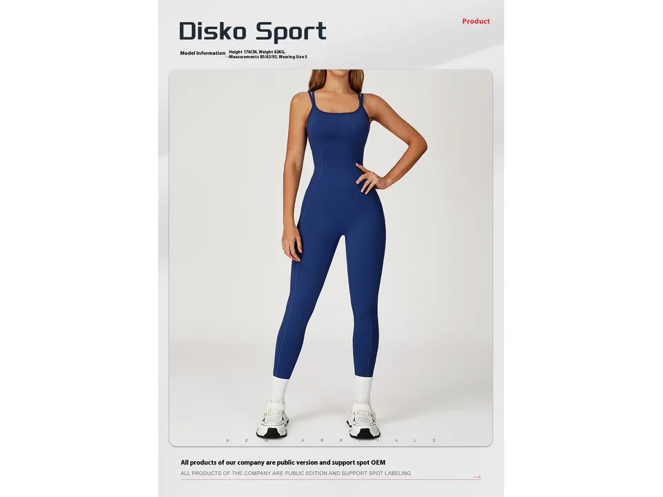 A model wearing a blue sleeveless yoga jumpsuit.