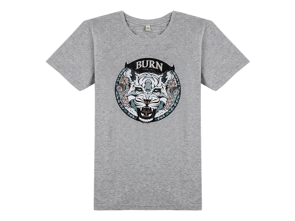 Grey t-shirt with a tiger graphic print on the front.