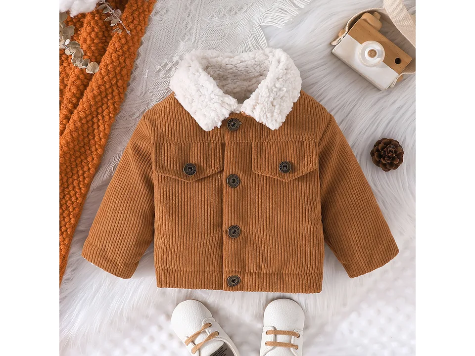 Brown corduroy jacket with a white sherpa collar, front view.