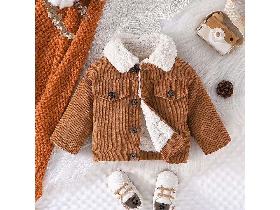 Brown corduroy jacket shown open to reveal the white sherpa lining.
