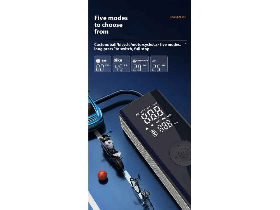 Digital tire inflator showing five different inflation modes for balls, bikes, motorcycles, and cars.