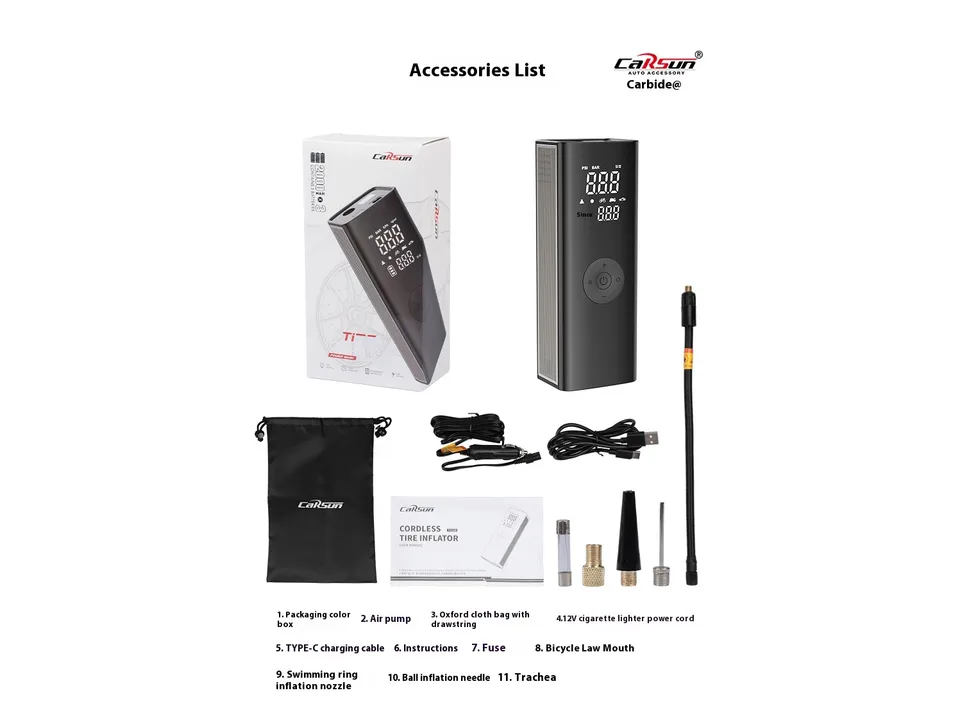 The tire inflator, its packaging, and all included accessories like cables, nozzles, and a storage bag.