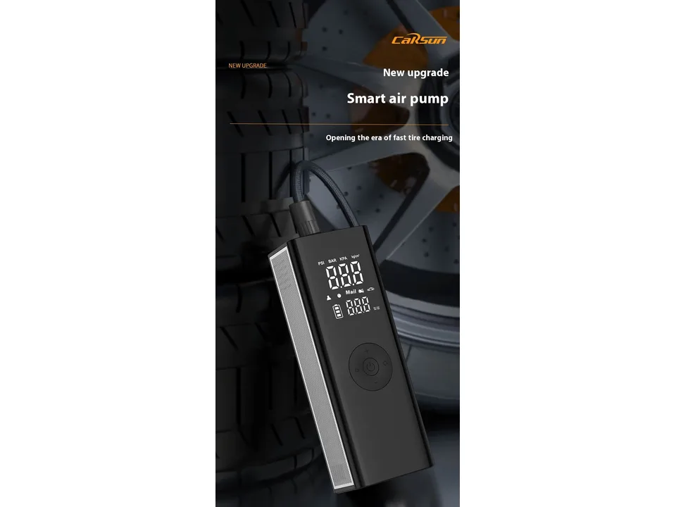 The portable smart air pump connected to a car tire for inflation.